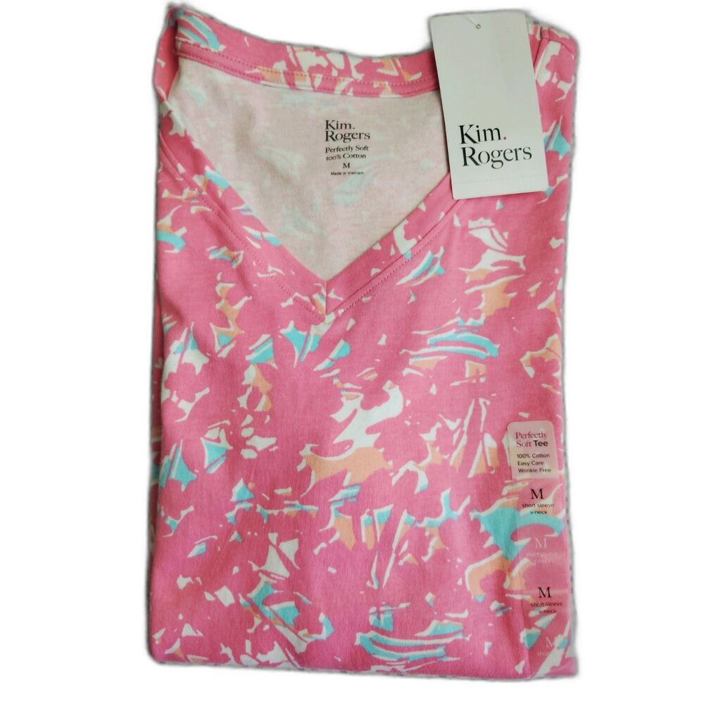Kim Rogers Perfectly Soft 100% Cotton Pullover Printed Pink Tee NWT Sz Med